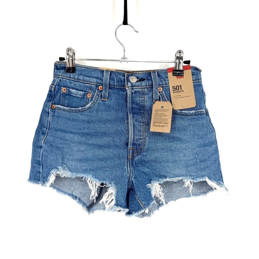 NEW Levis 501 Original High Rise Distressed Button Fly Denim Shorts Blue W25 - Picture 2 of 13